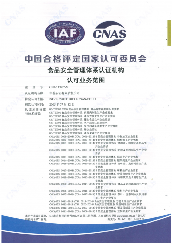 中国合格评定国家认可委员会(CNAS)认可证书附件（食品安全管理体系-1）