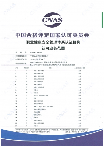 中国合格评定国家认可委员会(CNAS)认可证书附件（职业健康安全管理体系-1）